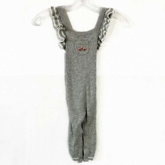 Janie and Jack Gray Knit Floral Ruffle Strap One Piece For 6 to 12 Months Baby - Picture 1 of 10